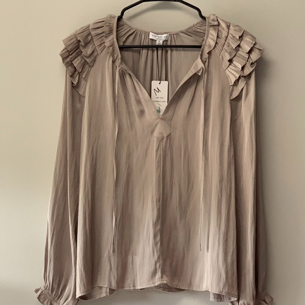 Current Air Mink colored silk blouse with shoulder ruffles